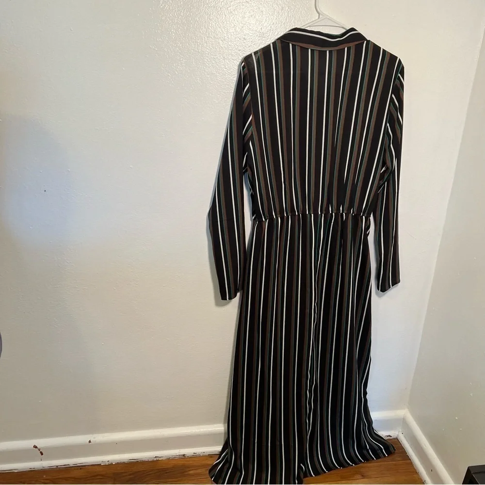 Abound Women's Size Large Button Front Maxi Dress Black Brown Spice Stripes Long